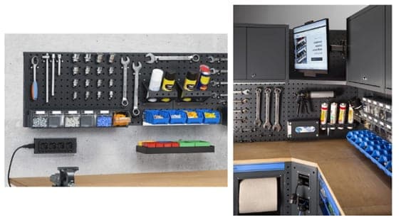 Panneaux porte-outils Linea 391 garnis de crochets, de bacs et d’un bloc de prises, au-dessus d’un plan de travail